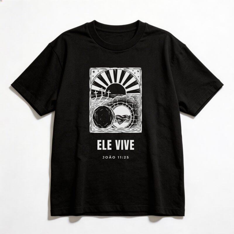 Camiseta Oversized Evangélica Ele Vive — Coroa de Vida - preta