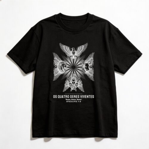 Camiseta Oversized Evangélica Os Quatro Seres Viventes — Coroa de Vida - preta