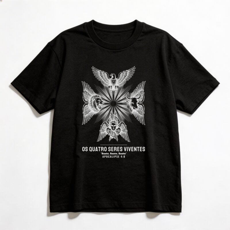 Camiseta Oversized Evangélica Os Quatro Seres Viventes — Coroa de Vida - preta
