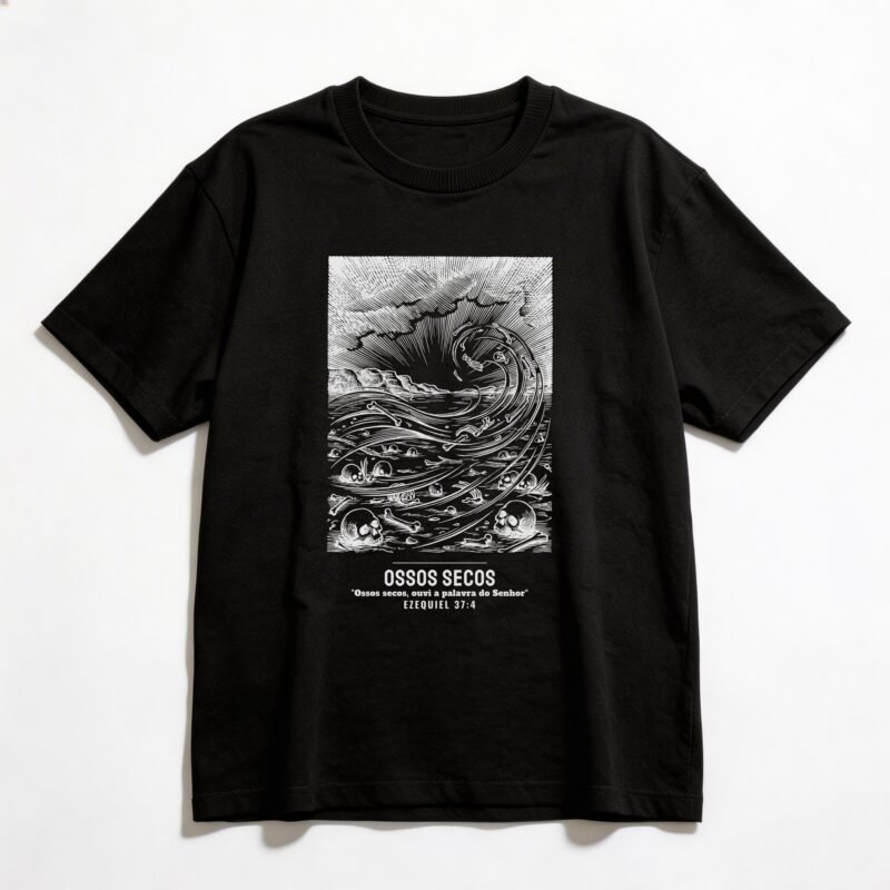 Camiseta Oversized Evangélica Vale dos Ossos Secos — Coroa de Vida - preta