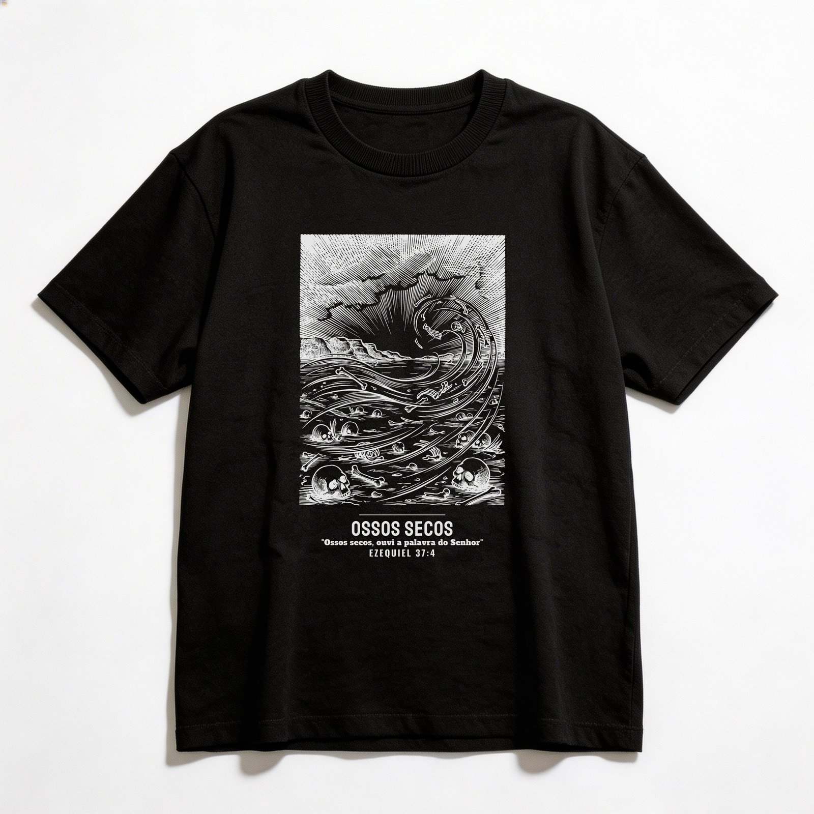 Camiseta Oversized Evangélica Vale dos Ossos Secos — Coroa de Vida - preta