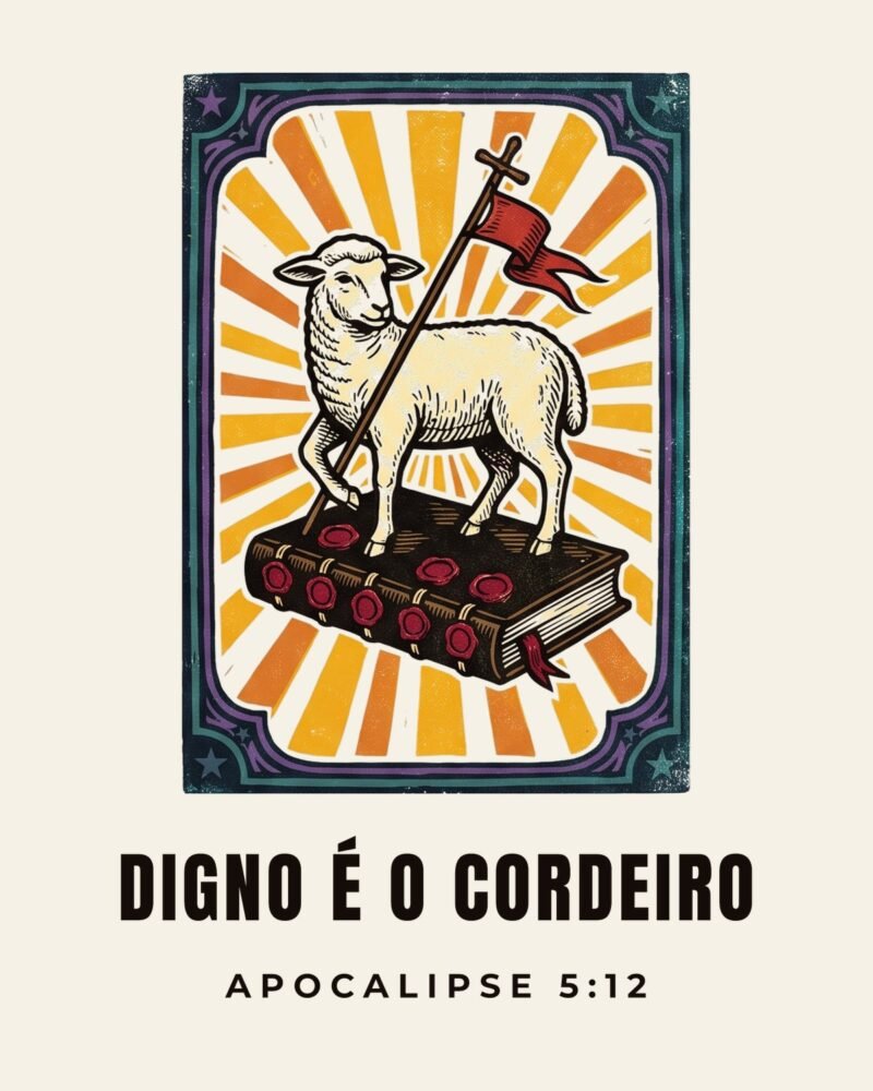 Camiseta evangélica Digno é o Cordeiro — Apocalipse 5:12 em xilogravura de cordel - detalhe da estampa