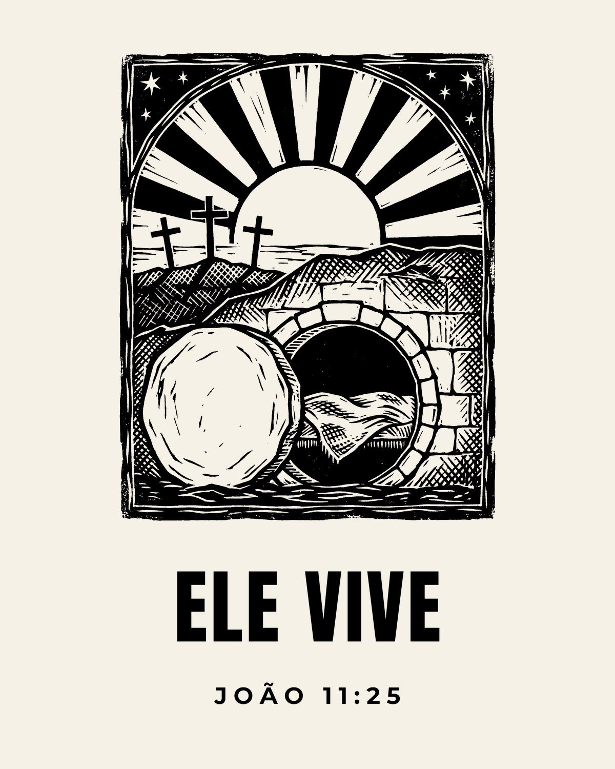Camiseta evangélica Ele Vive — João 11:25 em xilogravura de cordel - detalhe da estampa