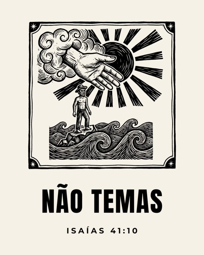 Camiseta evangélica Não Temas — Isaías 41:10 em xilogravura de cordel - detalhe da estampa