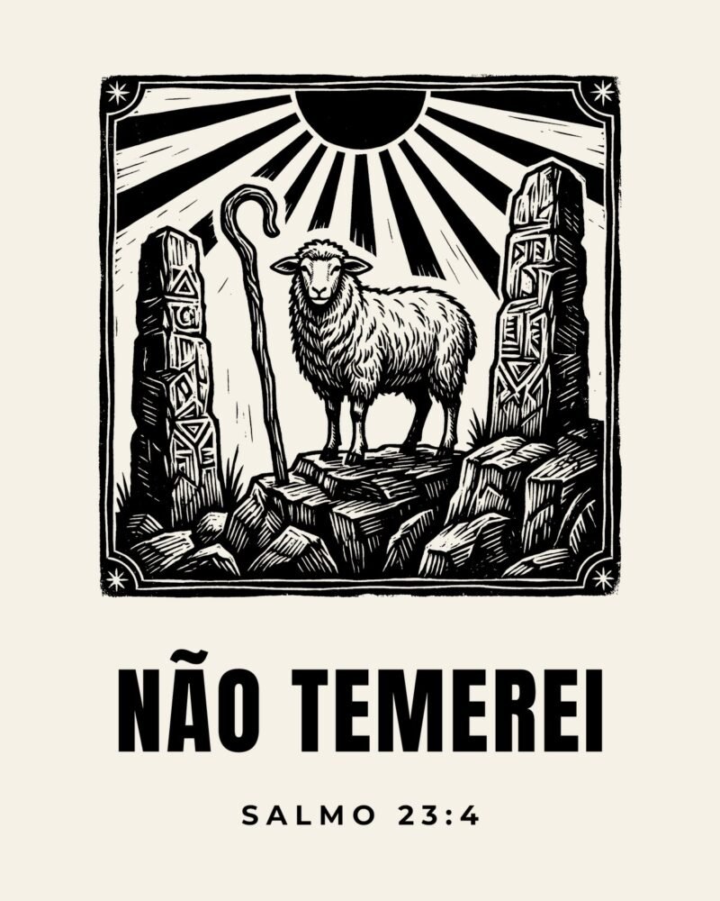 Camiseta evangélica Não Temerei — Salmo 23:4 em xilogravura de cordel - detalhe da estampa