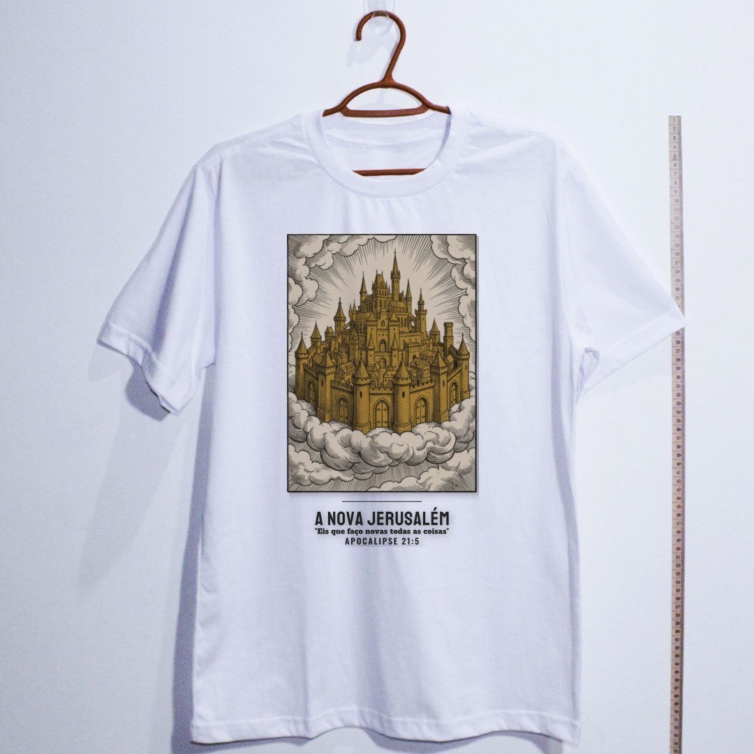 Camiseta evangélica Nova Jerusalém — Coroa de Vida - branca