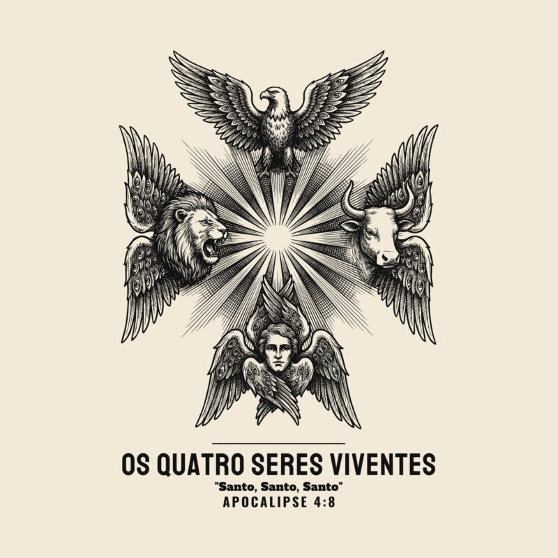 Camiseta evangélica Os Quatro Seres Viventes — Coroa de Vida - detalhe da estampa
