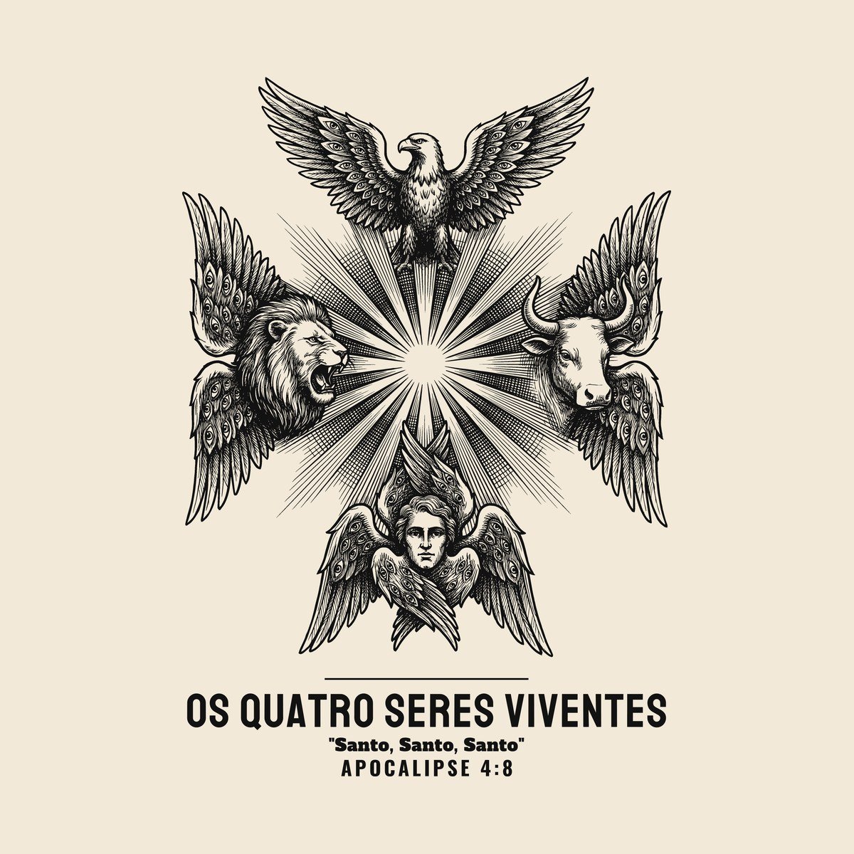 Camiseta evangélica Os Quatro Seres Viventes — Coroa de Vida - detalhe da estampa
