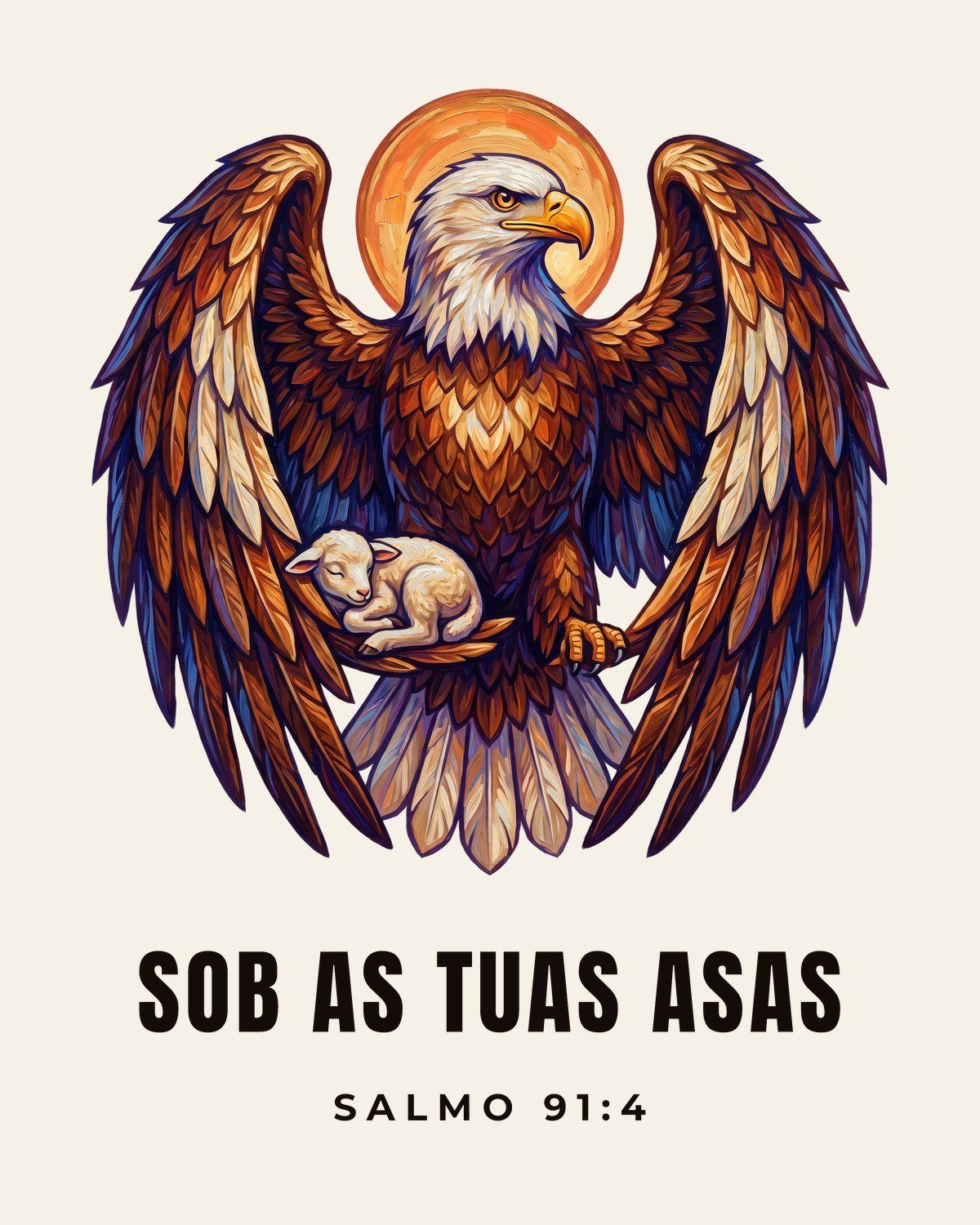Camiseta evangélica Sob as Tuas Asas — Salmo 91:4 em xilogravura de cordel - detalhe da estampa